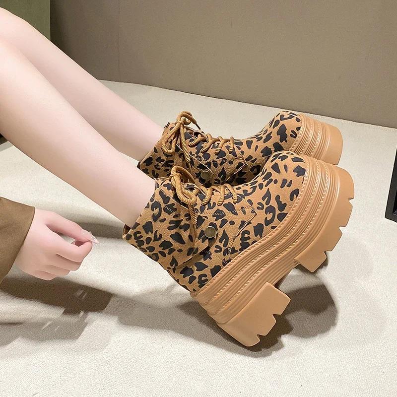 Mode 10CM Leopard Plateau Damen Stiefeletten Hohe Absätze Winter Wildleder Warmes Fell Schneestiefel 2025 Trend Frau Herbst Schnürstiefel Damen