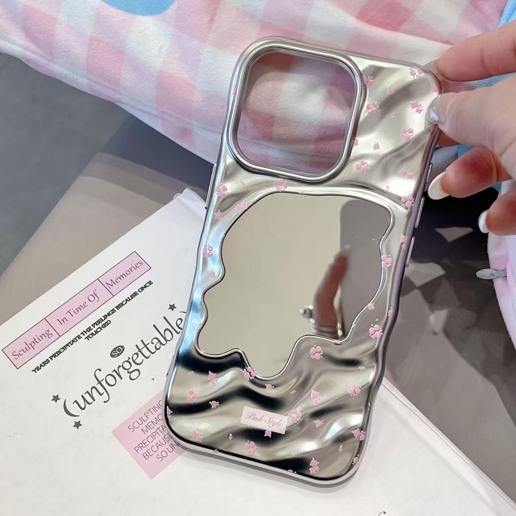 Pink floral electroplated wave mirror is suitable for Apple 17/15/iphone13pro Huawei makeup mirror mobile phone case.