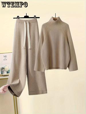 High Neck Sweater & Drawstring Pants, Polyester - For Women - Perfect for Casual & Formal Occasions - Gift Idea for Her
