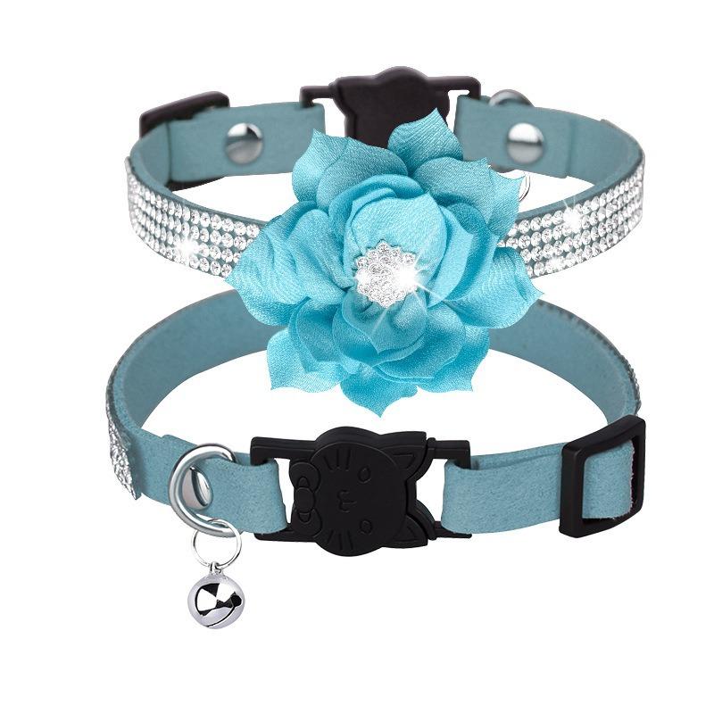 Pet Collar Shiny Rhinestone Color Anti-bridle Suede Soft and Comfortable Bell Style Cat Leash Collar