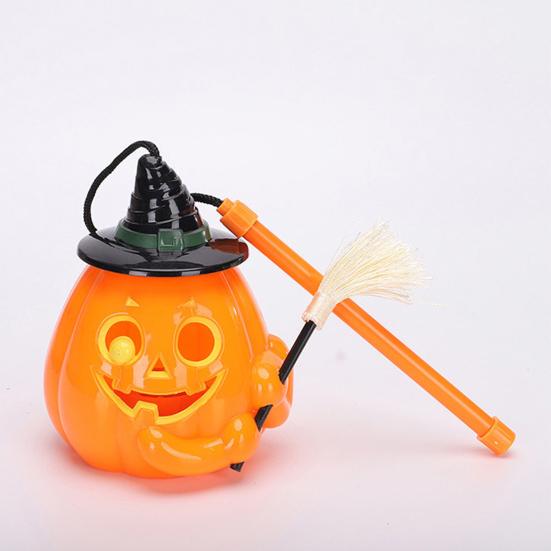 Portable Pumpkin Light Glowing Halloween Lantern, Jack O Lantern with Witch Hat Broom, Lightweight Prop Up Decor, Trick or Treat for Kids Party Decor