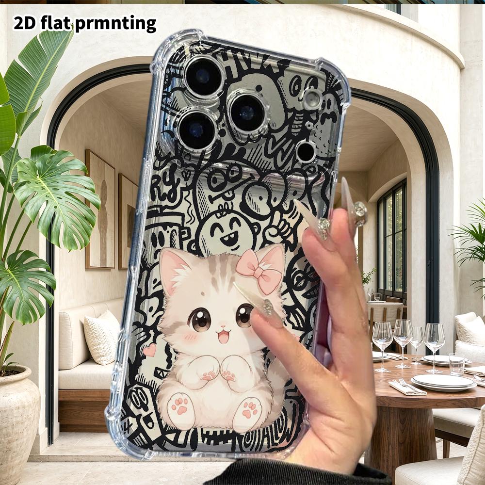 Phone Case: 2D Flat Suitable for iPhone 18 17 16 15 14 13 Pro, Transparent Four Corner Protective Case, Light Gray Kitten, Christmas and Halloween Gif