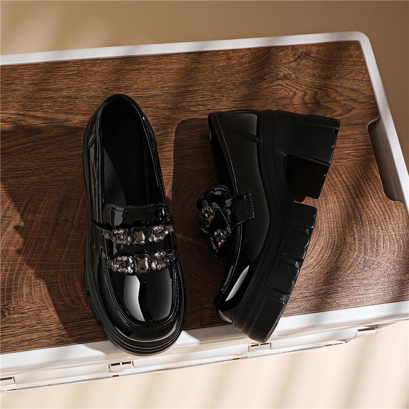 British Style Small Leather Shoes Korean Height-increasing Women's Black Patent Leather Thick-soled Thick-heeled Lace-up Loafers