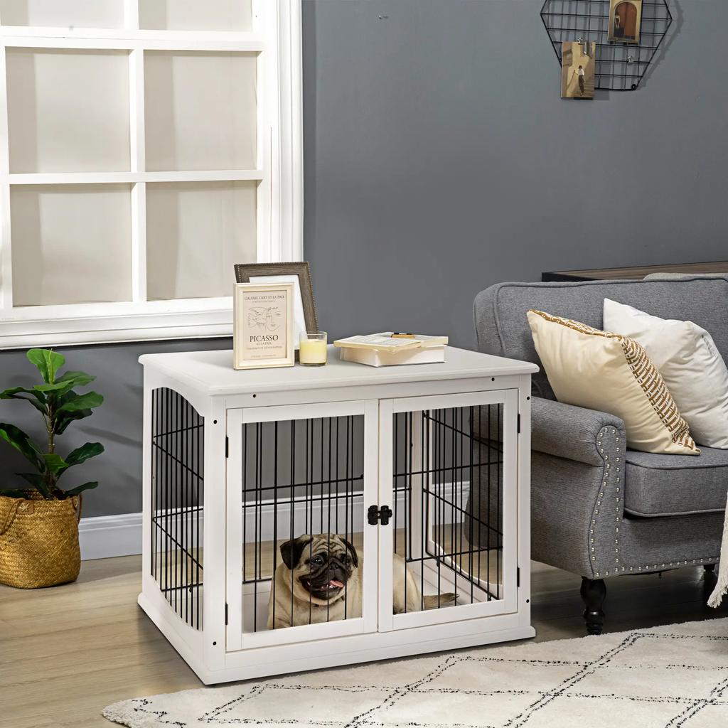 PawHut Indoor Dog Crate In MDF E1, Furniture with 3 Lockable Doors, Up To 30 Kg, 81L X 58W X 66H Cm, Black and White