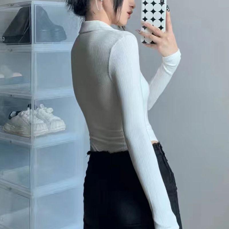 Deep V Long-sleeved Jumpsuit for Women Sexy Hot Girl Slim Fit Top Bottoming T-shirt