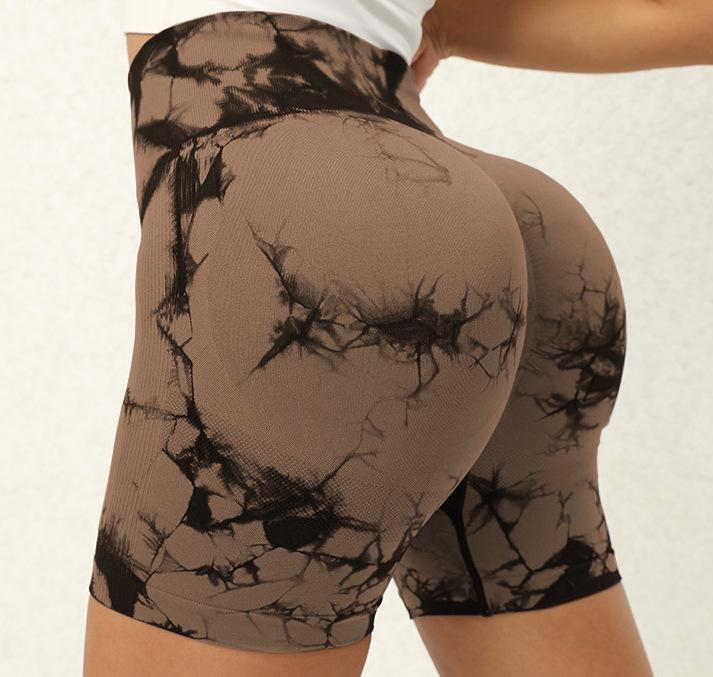 European & American Tie-Dye High-Waisted Seamless Yoga Shorts with Butt-Lifting Design M