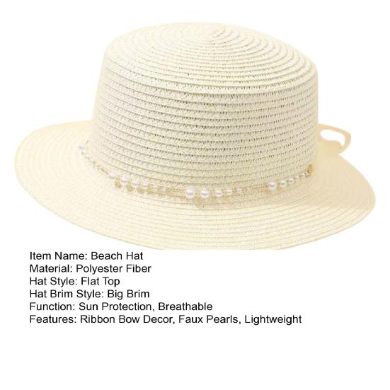 Beach Hat Wide Brim Flat Top Imitation Pearls Trim Tulle Bow Decor Straw Hat Lightweight Breathable Sun Protection Hat