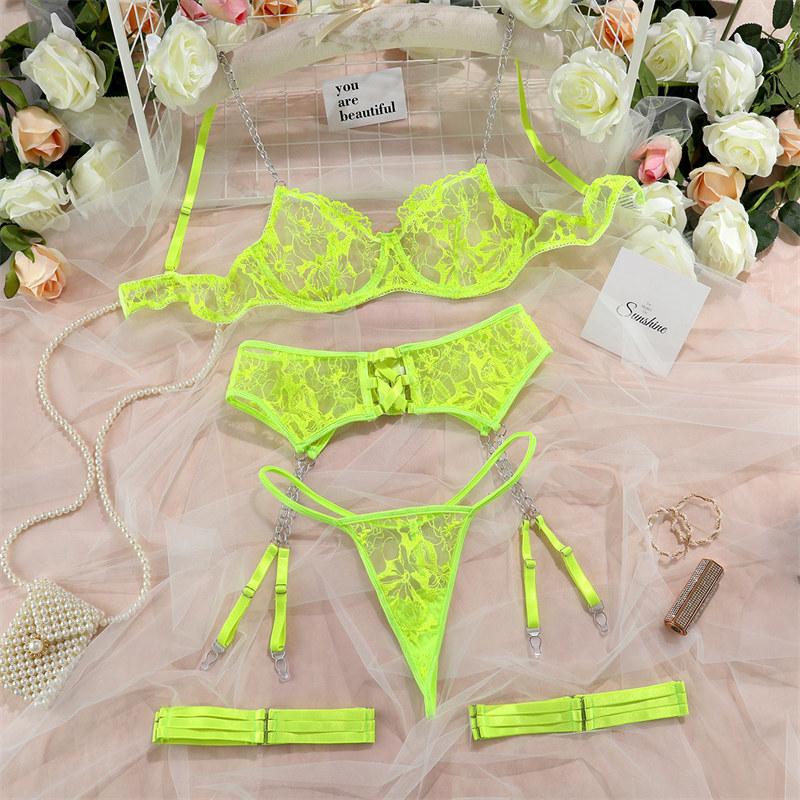 Fashion New Chain Decoration Women's Eyelash Lace Erotic Underwear Mesh Perspective Sexy Lingerie Garter Ring Thong Set BDSM