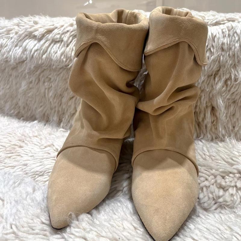 Mode Liyke Svart Aprikos Mocka Låg Kittenklack Westernstövlar Kvinna Spetsig Tå Slip On Plisserad Ankelstövel Damer Party Pumps Skor