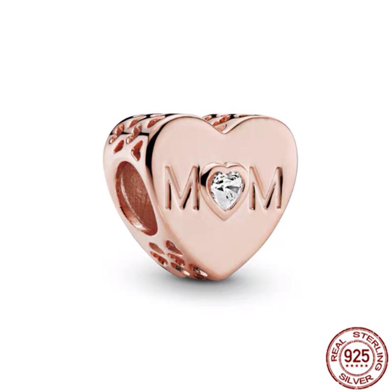 Fine S925 Sterling Silver Love You Mom Double Heart Split Dangle Charm Beads Fit Original  Bracelet DIY Women Jewelry Gift