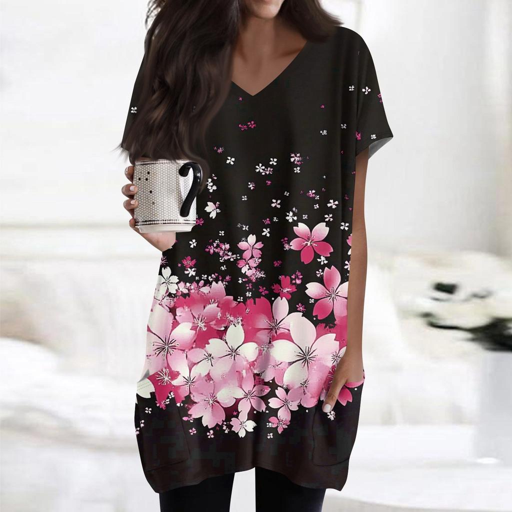 Topuri de damă cu decolteu în V Bluze cu mâneci scurte Cămăși ocazionale de lungime mijlocie Tunica cu imprimeu la modă Topuri cu buzunare