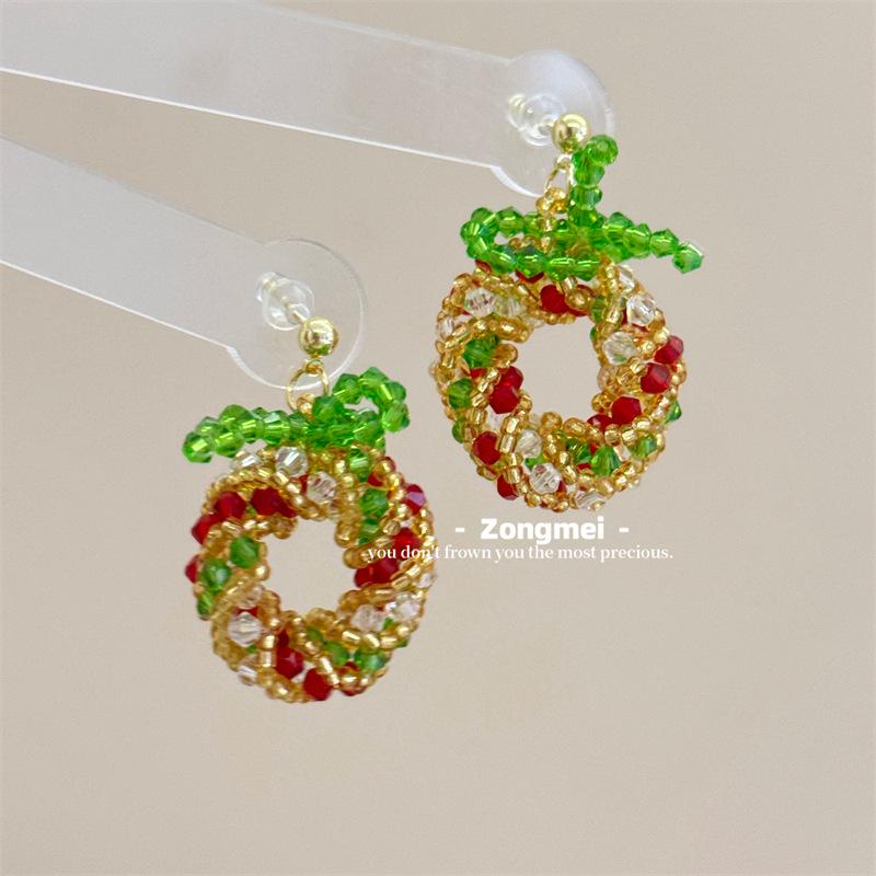 3D Christmas Tree Earrings with Red Bow - Heavy Beaded Crystal Ear Clips, Hand-Woven Holiday Accessories
