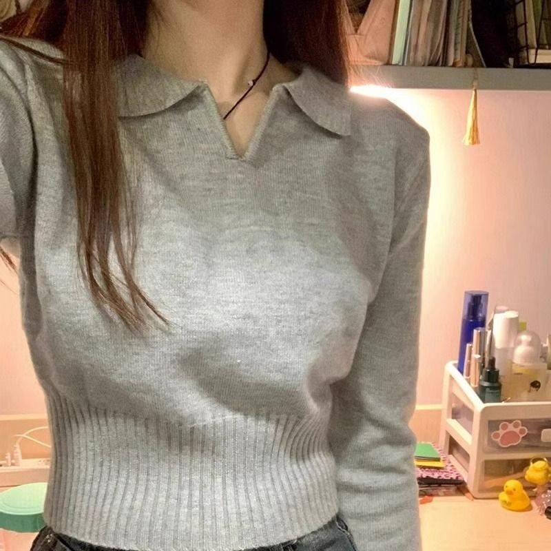 

Women s Slim Fit Knitted Sweater - Short Style Collared Top for Spring & Autumn M 48-53kg червоний