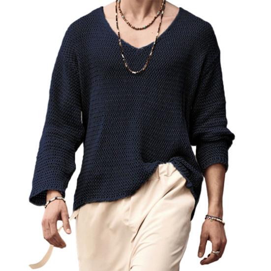 

Spring Autumn Men Pullover Sweater V-Neck Long Sleeve Solid Color Knitted Tops Hollow Out Loose Fit Knitwear Streetwear XL