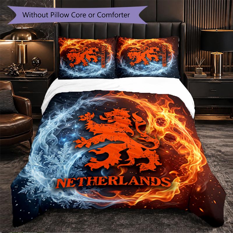 Netherlands Football Pattern 3 Pieces Bedding Set Soft Microfiber Duvet Cover with Pillow Cases for Bedroom