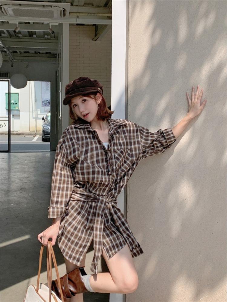 Women's Retro Lattice Long-Sleeve Shirt Set with Straps - New Autumn 2025 Casual Slimming Cardigan