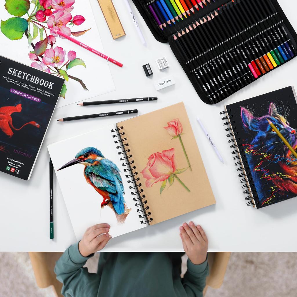 HIFORNY Art Supplies Drawing Kit with 100 Watercolor Metallic Blending and More for Beginner Artists 176-Piece Sheets, 3-Color Sketchbook, Graphite,