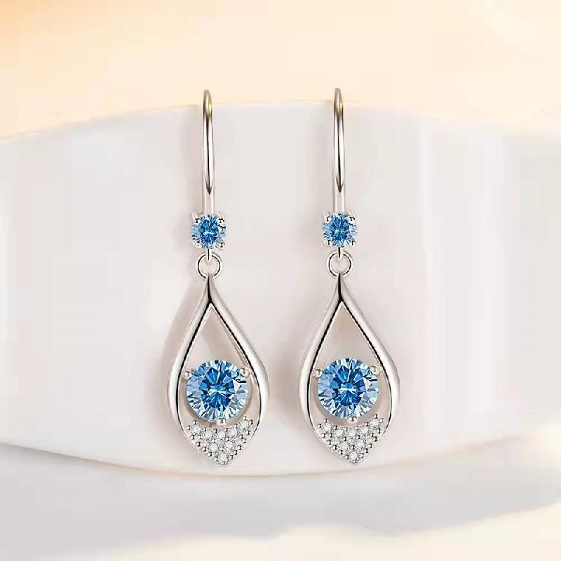 Fashion Ladies Stainless Steel Hanging Try Long Oval Crystal Diamond Sapphire Earrings Pendant Bridal Engagement Wedding Jewelry