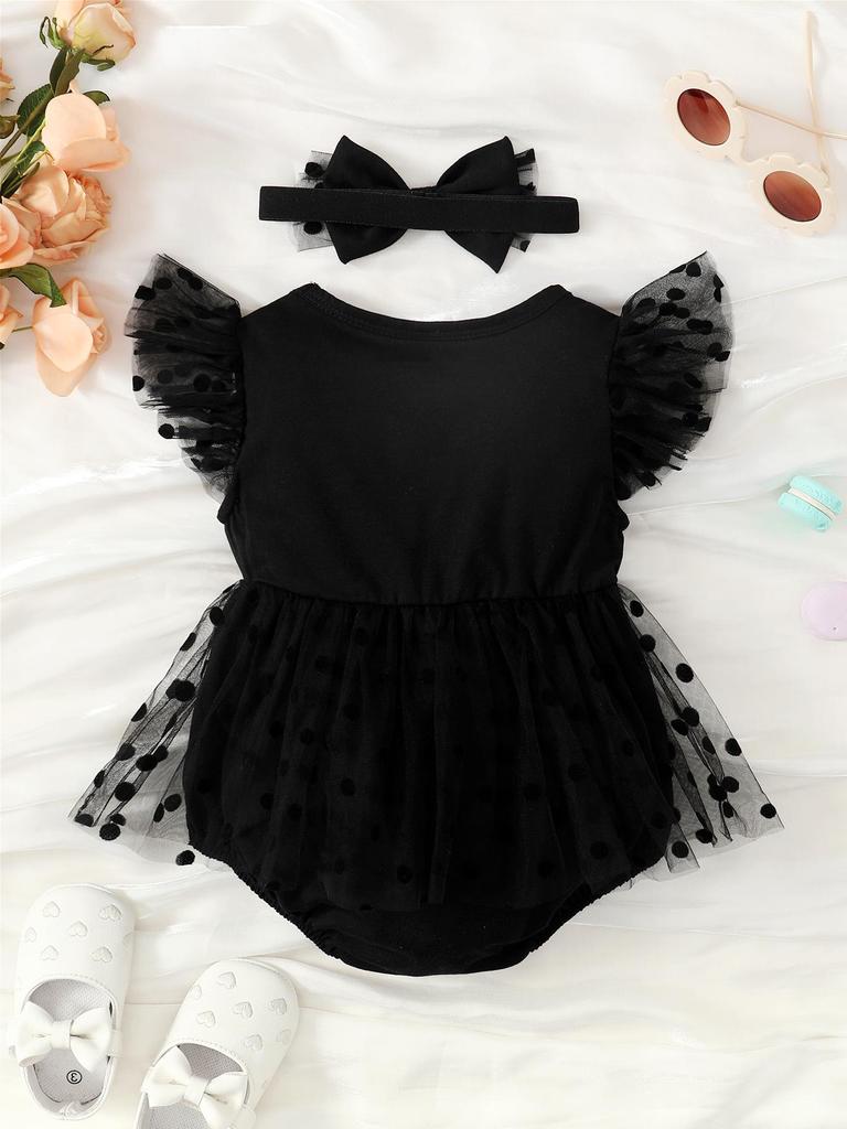 Baby Girl Cute Polka Dot Snow Fly Sleeve Mesh Skirt Black Triangle Jumpsuit