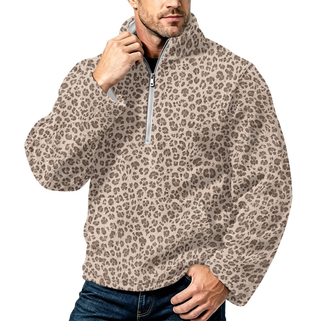 Men's Leopard Print Flannel Zip-Up Sweatshirt, Plus Size Stand Collar Trendy Casual Top for Fall Winter