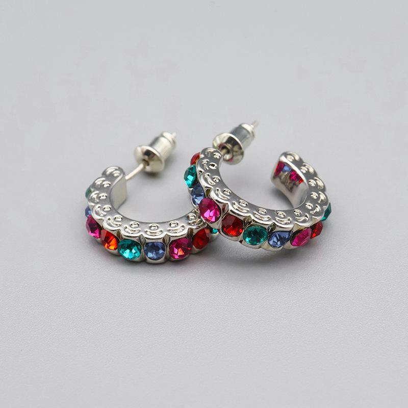 Silver Plated Multicolor Crystal C-Hoop Earrings, Vintage Rainbow Rhinestone Small Hoop Earrings for Women