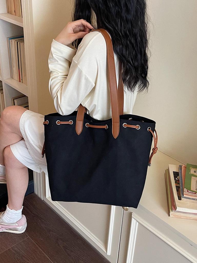 Große Damen-Canvas-Tragetasche mit breitem Leder-Schultergurt
