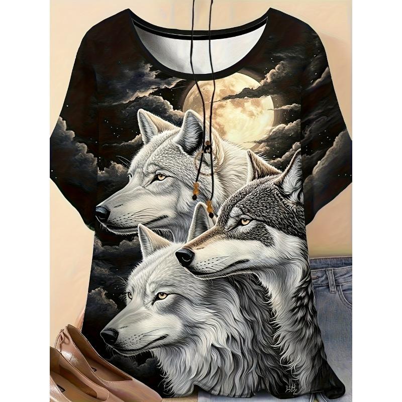 Neues Damen T-Shirt 3D Wolf Druck Rundhals Kurzarm Mode Grafik T-Shirts Lustige Streetwear Tops Y2k Lockeres T-Shirt Damen Kleidung
