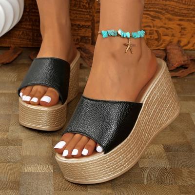 Sandalen mit Keilabsatz Hausschuhe Damen Dicke Sohle Ein Wort Schlepp Außen tragen Damen Strandschuhe