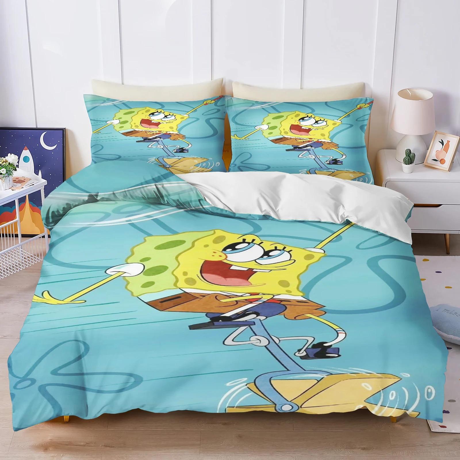 3D Hot Sale Multiple Sizes SpongeBob SquarePants Cartoon Print Bedding Set Adult and Kids Bedding Set Luxury Gifts 155x200cm