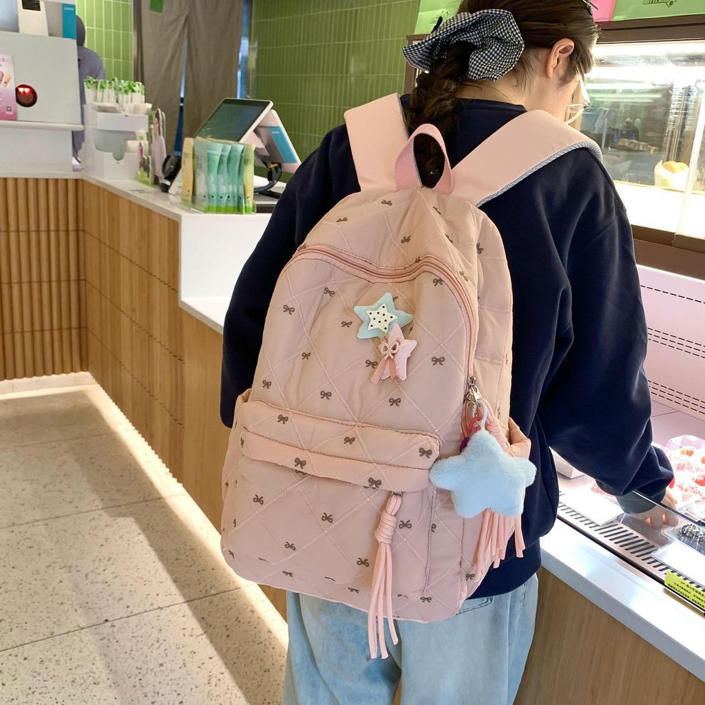 Schoolbag New Lightweight Niche Junior High School Students Autumn and Winter High-value Cotton Clothes Backpack Bow Cute Embroidered Backpack