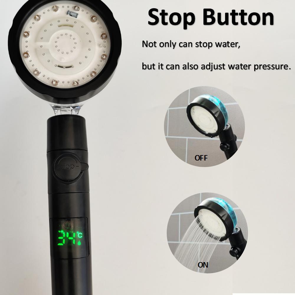 LED Digital Temperature Display Shower Head Temperature Control Colorful Fan High Pressure Rainfall Showerhead With Stop Button