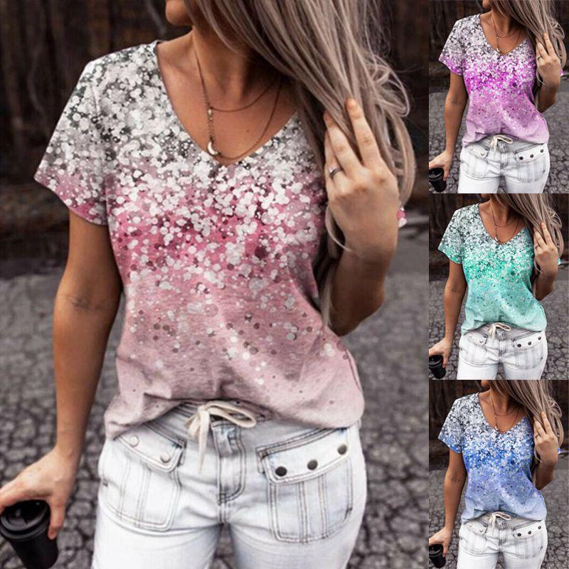 Elegant Womens V-neck Short Sleeve Floral Print Tops T-shirt For Casual Wear