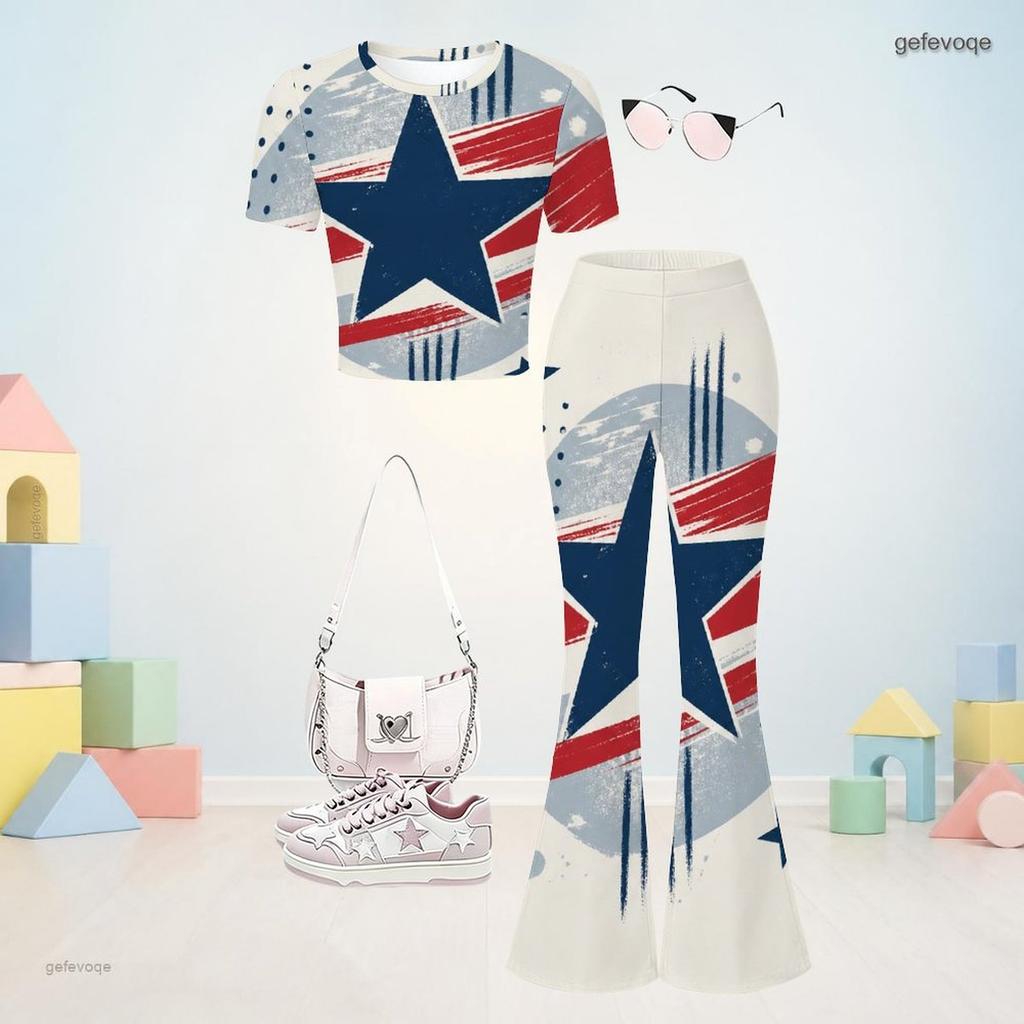 Girls Round Neck Short Sleeve Printed Top And Flared Pants Two Piece Set