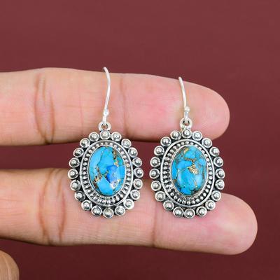 Boucles d'oreilles en cuivre bleu turquoise, boucles d'oreilles vintage en pierres précieuses, boucles d'oreilles en argent sterling 925, bijoux anciens faits à la main, boucles d'oreilles pendantes, cadeaux de fiançailles