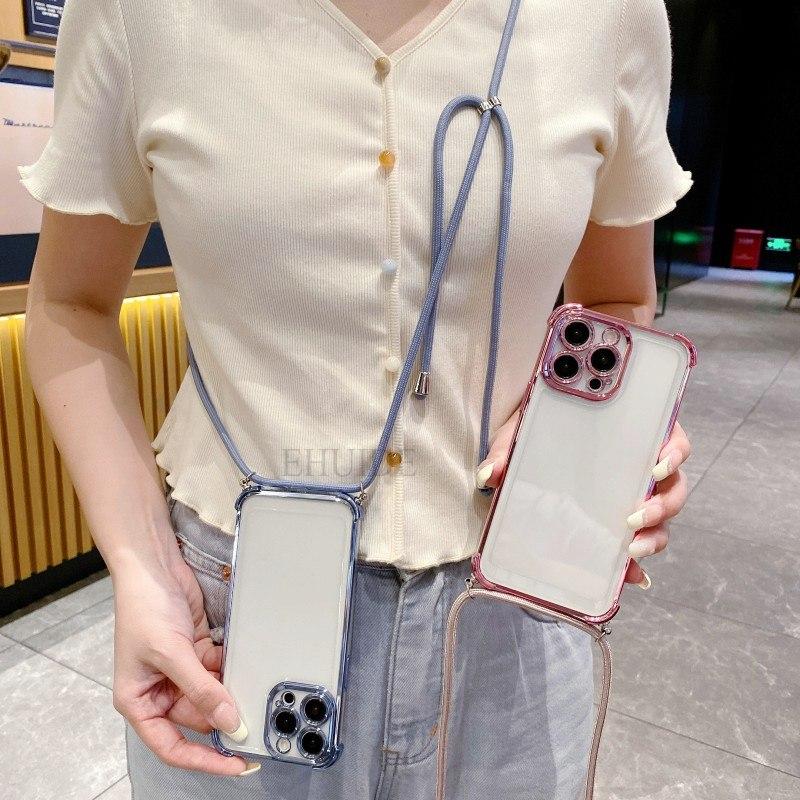 Plating Clear Strap Case For OPPO Realme 13 Pro Plus C55 C53 Reno 12F 12 11F 11 10 8 Crossbody Lanyard Cord 6D Shockproof Cover