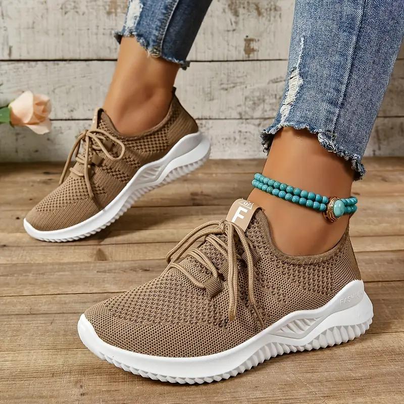 Womens Breathable Knitted Thick Sole Sports Shoes Casual Laced Outdoor Shoes Comfortable Low Top Running Shoes