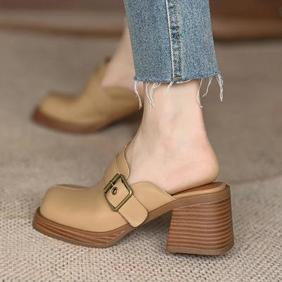 Baotou Half Slippers Women's Commuter Thick Heels Thick Sole Outer Wear Muller Shoes Belt Buckle High Heels Women Shoes