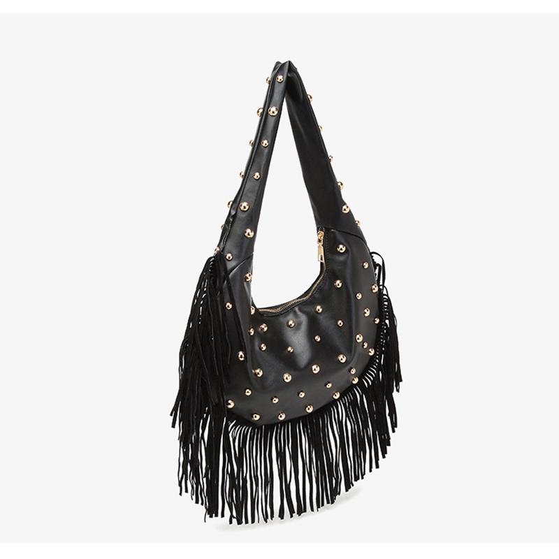 Yogodlns Fashion Personality Women's Underarm Bag Retro Leather Texture Tassel Rivet Bag Versatile Simple Trend Shoulder Bag