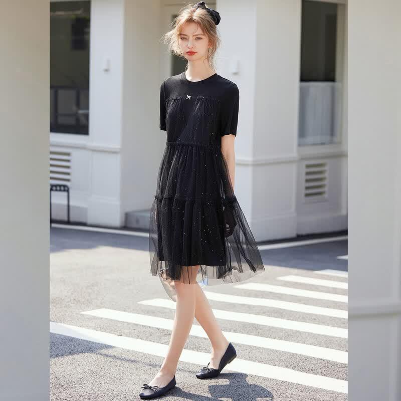 Women's Glitter Mesh Patchwork T-Shirt Dress
