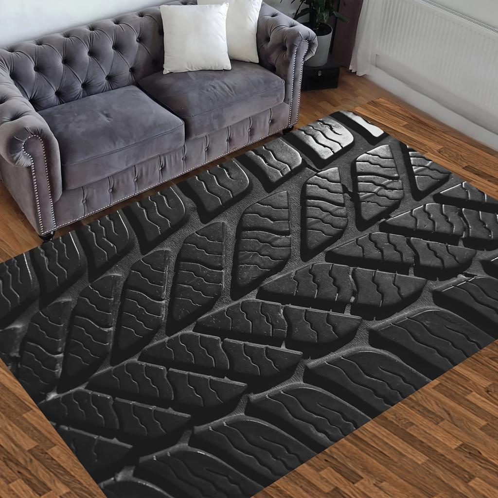 Car Tire Print Soft Area Rug for Living Room Kitchen Indoor Use Modern Home Decor Durable Non-Slip Floor Mat