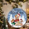 Rustic Christmas Wall Art Hanging Sign, Round Wooden Welcome Cute Dog Gingerbread Retro Holiday Wood Plaque Man Sign for Front Door Porch Decor