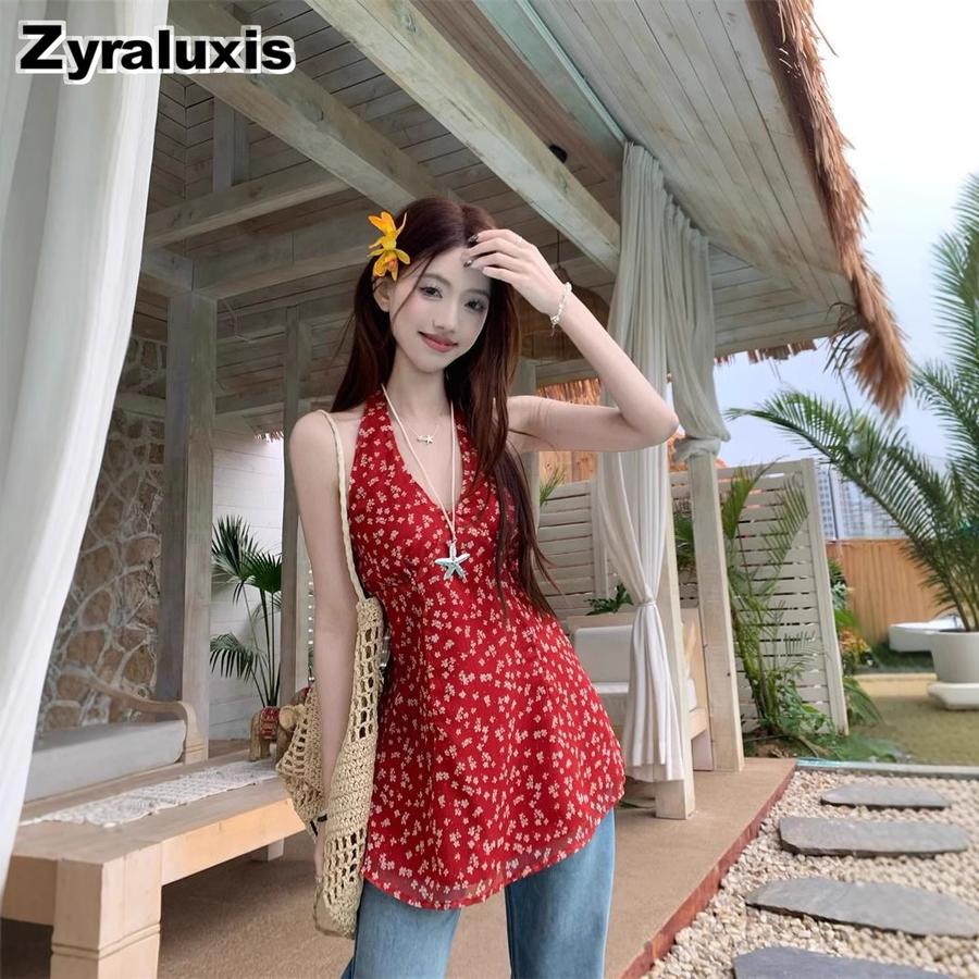 Sweet & Spicy Red Floral V-Neck Vest Dress Summer New Style Waist Slimming Layered A-Line Short Skirt Women