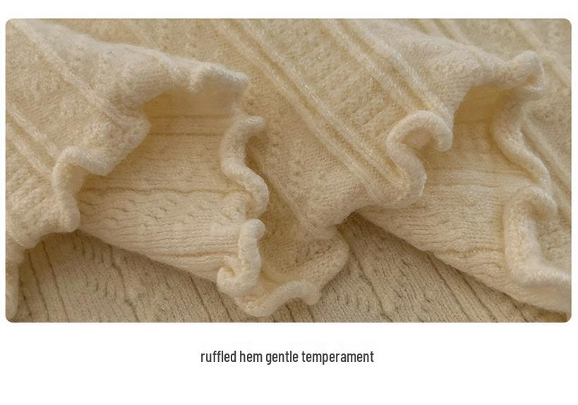 Women's White Half-High Neck Ruffle Trim Knit Sweater - Autumn/Winter 2025 Collection