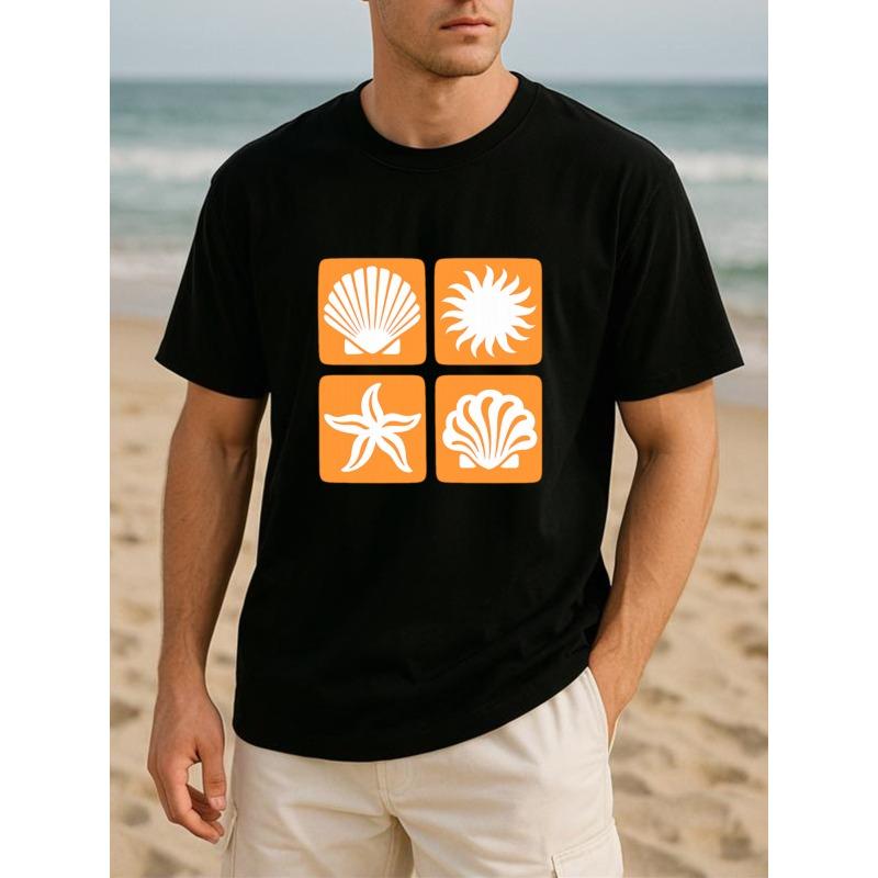 Orange-bottomed Shell Sea Star Beach Vacation Style Fashionable Printed Cotton T-shirt,Highly Versatile for Fitness Training, Round-neck Printed
