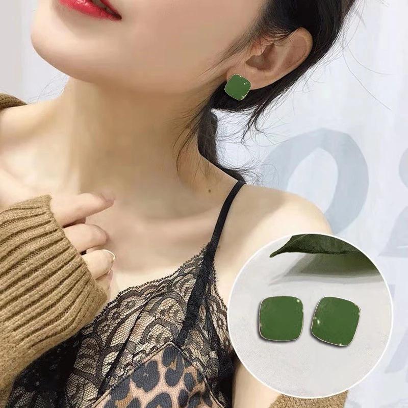 Geometric Green Retro Korean Square Earrings for Women