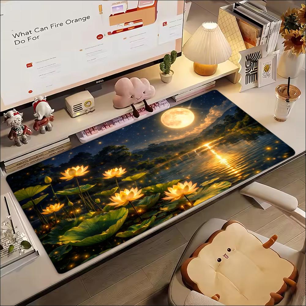 Moonlight Lotus Lake Large Extended Gaming Mousepad Non Slip Rubber Keyboard Desk Mat Smooth Surface For Laptop Pc Desktop Setup