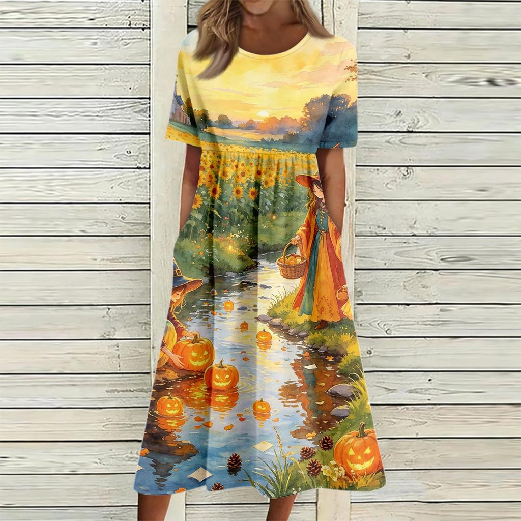 Women's Casual Round Neck Dress with Halloween Print and Pockets