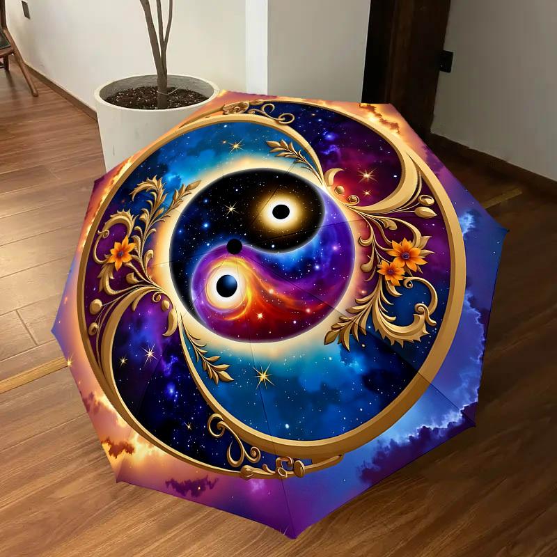 1PC Yin Yang Cosmic Automatic Open/Close Umbrella with Windproof, 8-Rib Sturdy Canopy, Durable Ribs, Fashionable Design, Outdoor Accessory, Fun Prin,