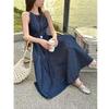 Washed Denim Waist-Defining Big Swing Long Sundress