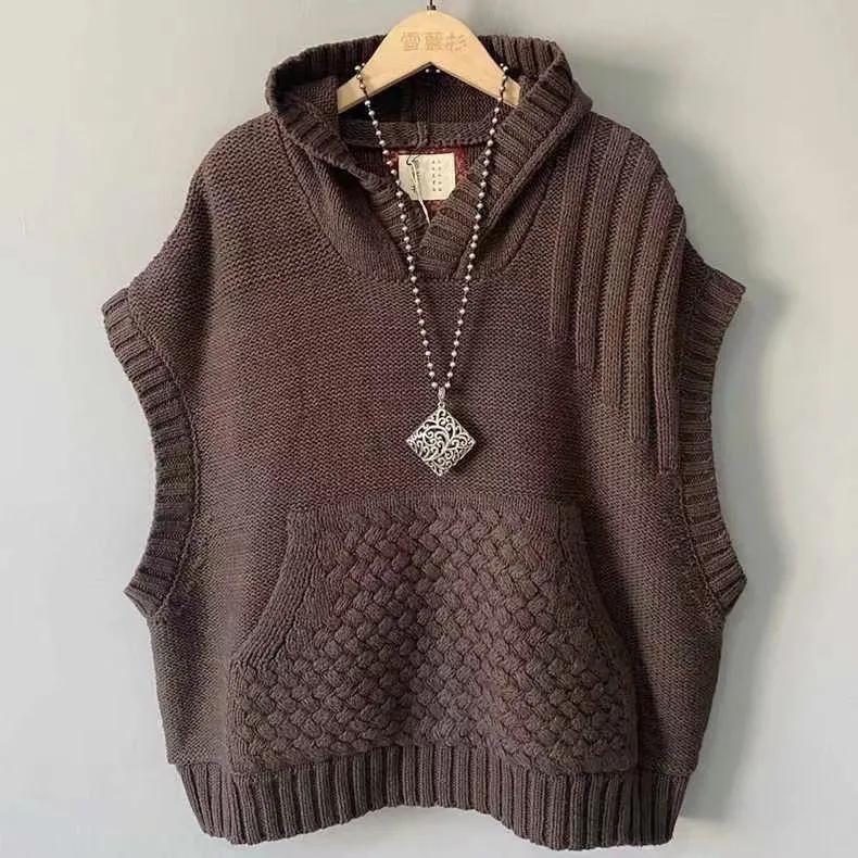 

Осень Зима Широкоплечий Плетеный Капюшон Вязаный Жилет Куртка Женский Без рукавов Жилет Пальто Женский Повседневный Леди XXXL